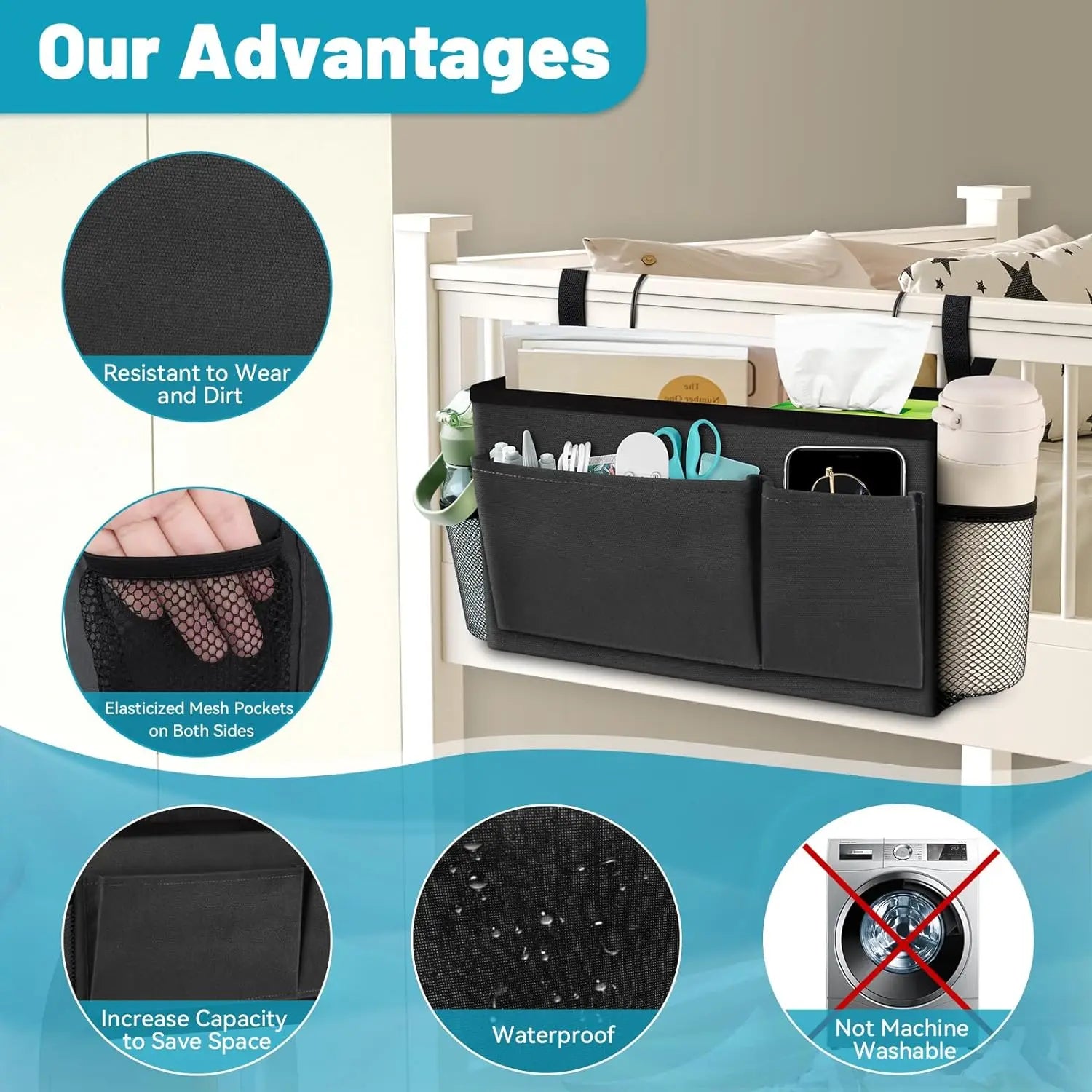 Black bedside organizer shown hung on bed rail, highlighting wear-resistant material, mesh side pocket, and water-resistant lining