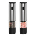 Rechargeable electric salt and pepper grinders with stainless finish and visible spice chamber