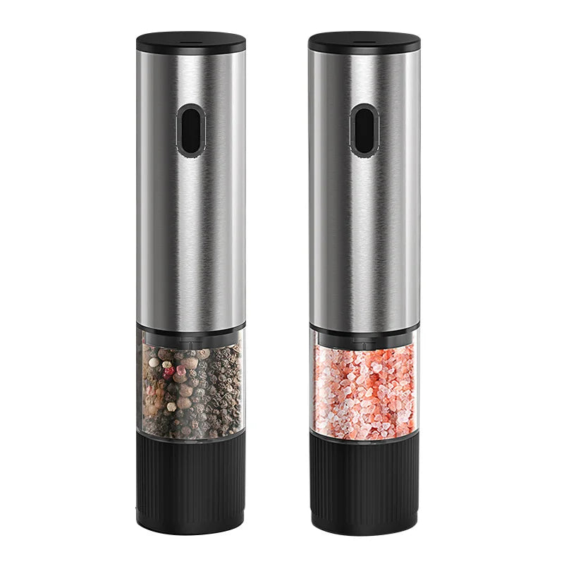 Rechargeable electric salt and pepper grinders with stainless finish and visible spice chamber
