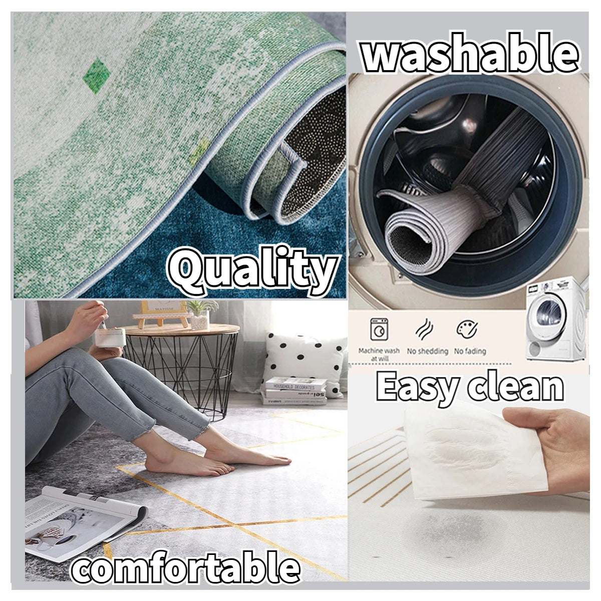 Collage showing rug quality: close-up of backing, washable in machine, comfortable seating area, and easy cleaning