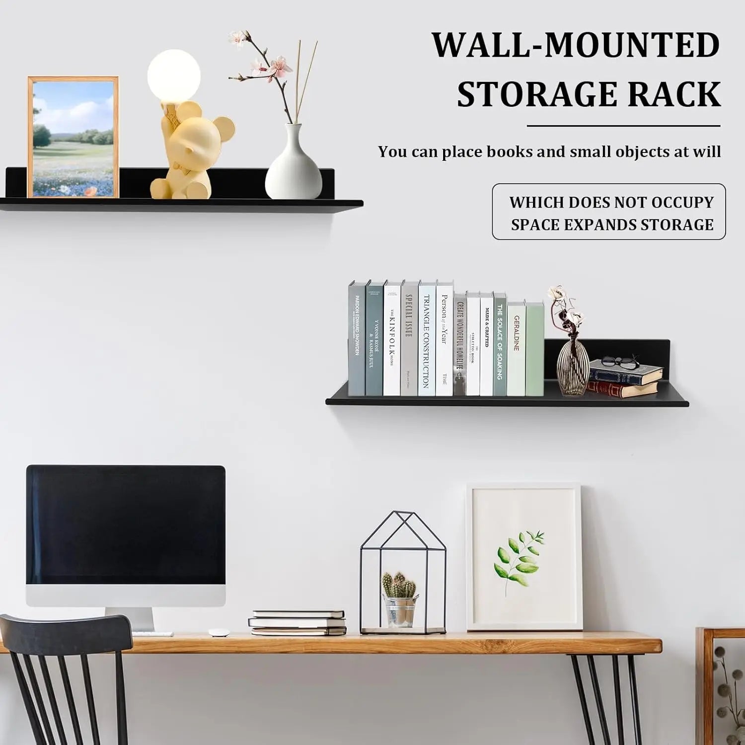 Black metal wall shelves above a home office desk displaying books and small items, with wall text