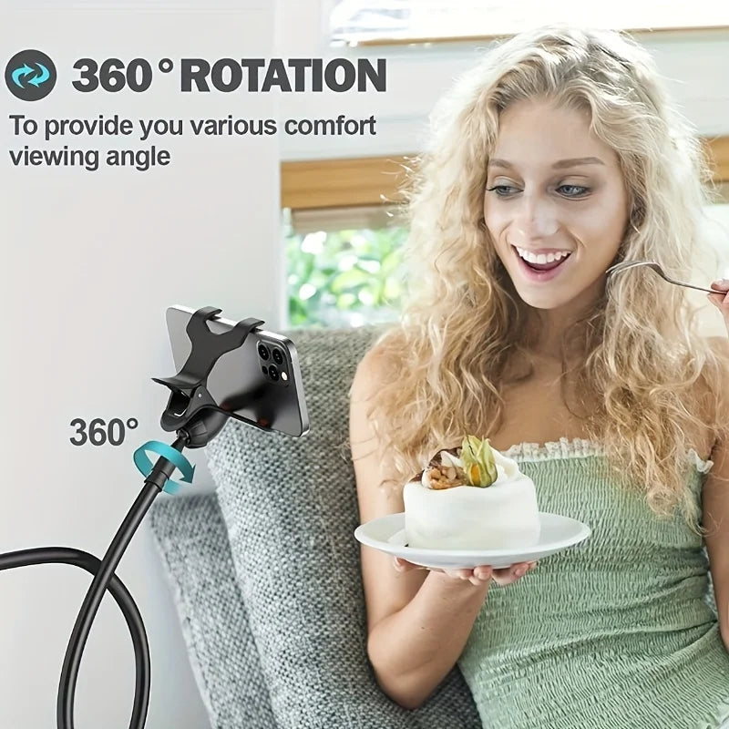 Close-up of adjustable black gooseneck phone holder with 360-degree rotation feature