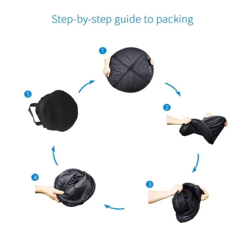 Step-by-step visual guide to folding and packing the mesh drying rack into its storage bag