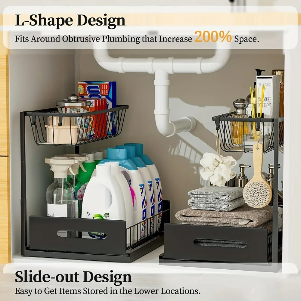 side-by-side under sink organizer shelves holding cleaning bottles, towels, and sponges