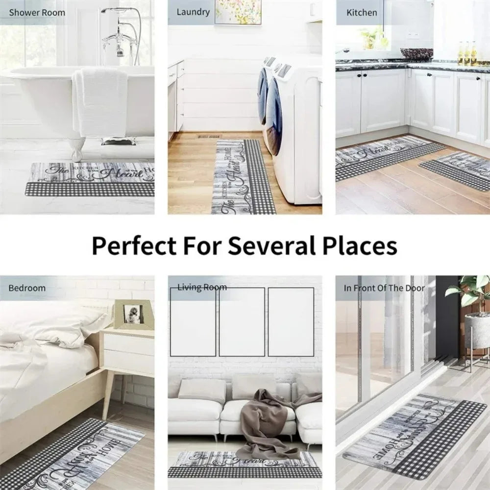 Example rooms for placing non-slip runner mats including bathroom, laundry, kitchen, bedroom, living room, and entryway