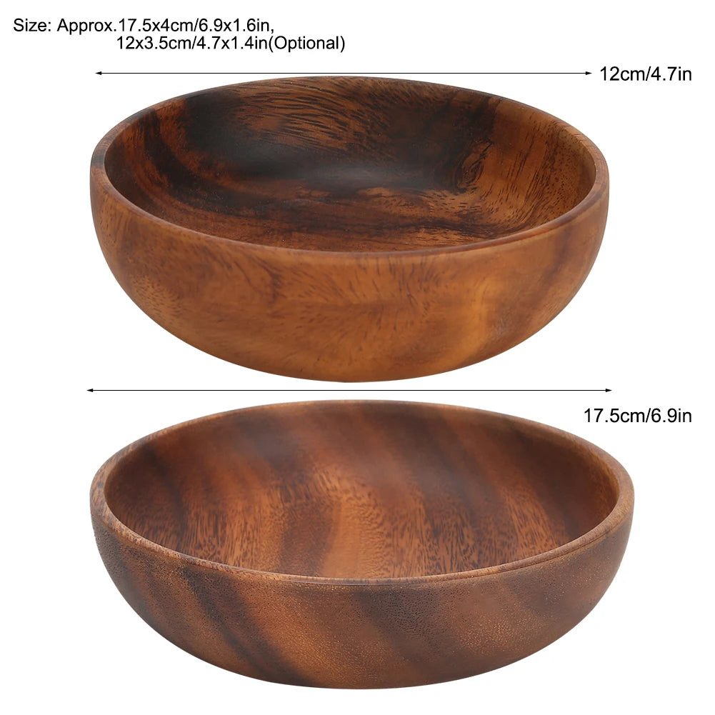 Size chart image showing wood bowl dimensions in centimeters and inches