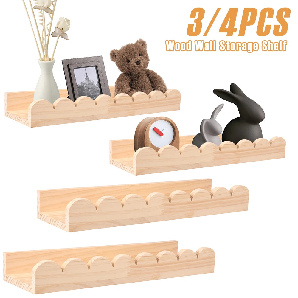 Set of scalloped wood floating wall shelves with plush toy, photo frame, vase, and decorative objects shown for children's room