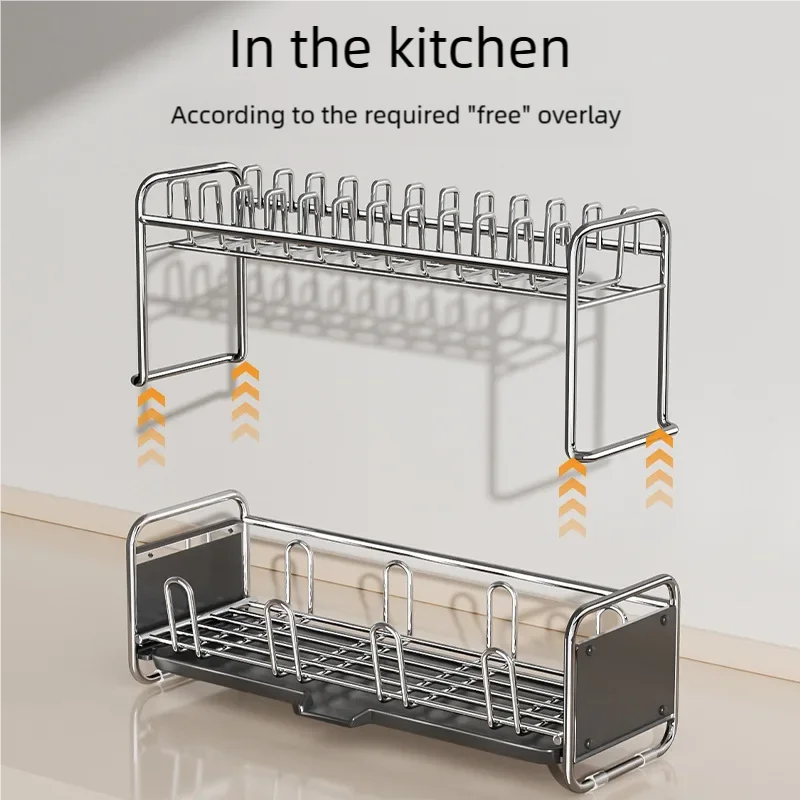 Modular design of kitchen dish rack showing separate tiers for customizable stacking
