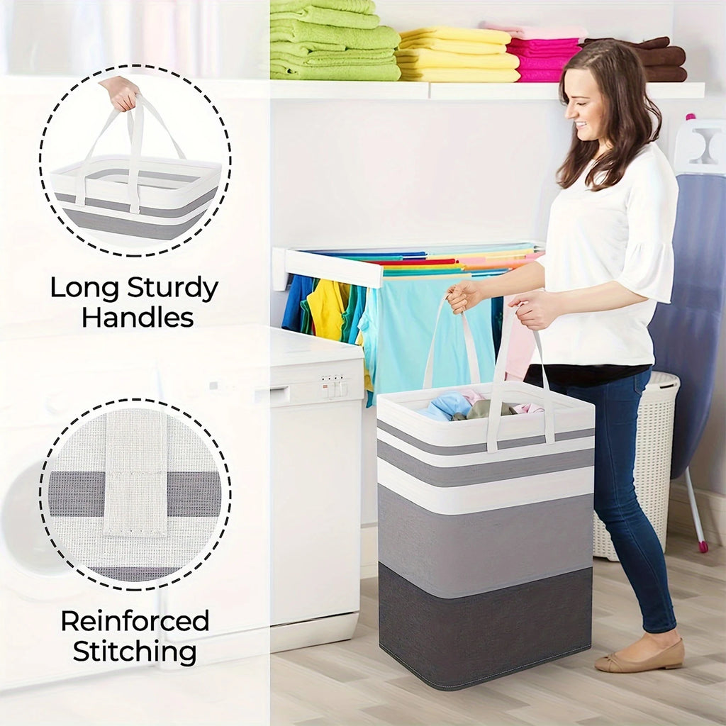 Woman carrying a striped collapsible laundry hamper with close-up views of reinforced handles and stitching
