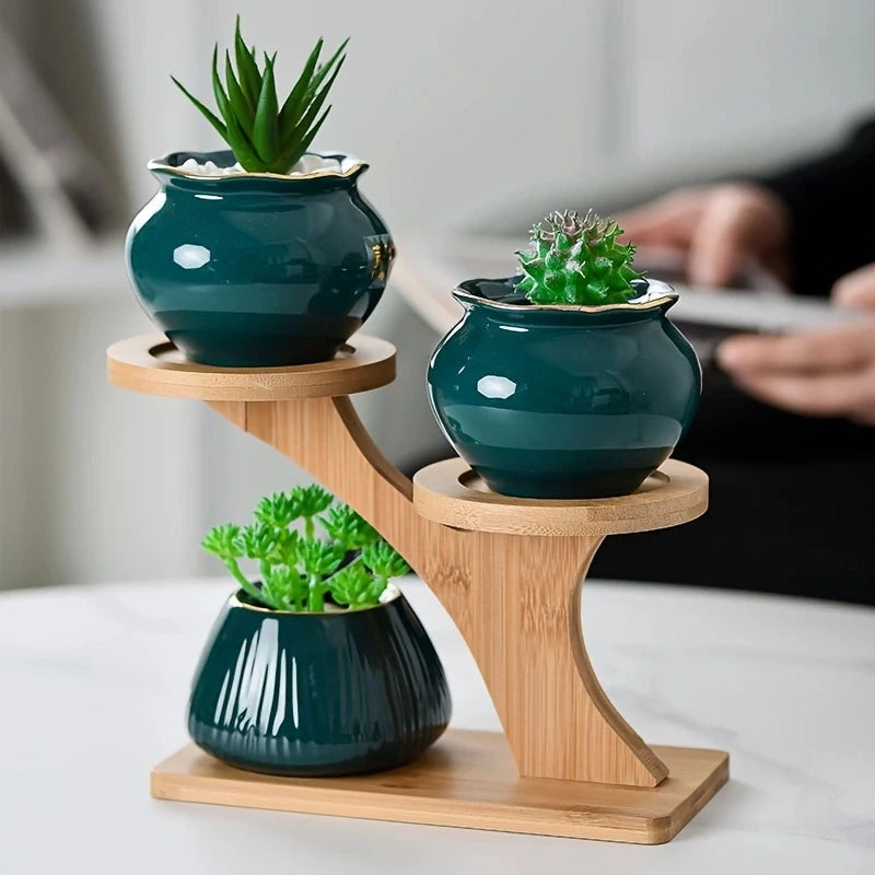 close up of mini plant stand holding three green pots with succulents