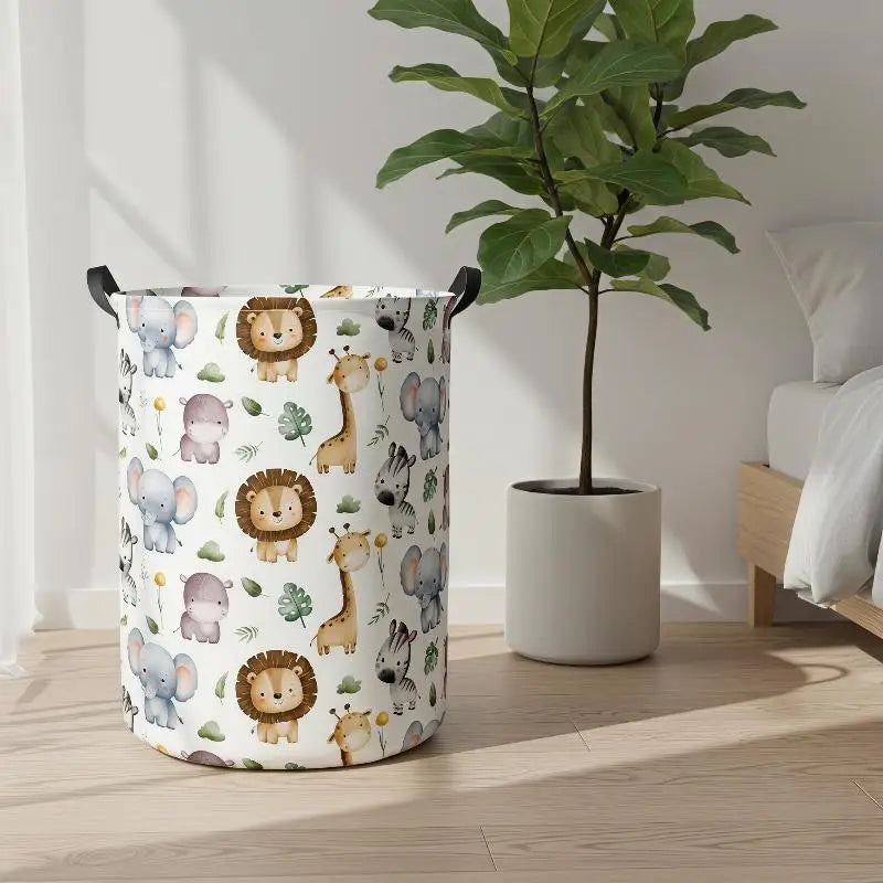 Animal print laundry hamper with cute safari animals beside a bed and plant in a sunlit room