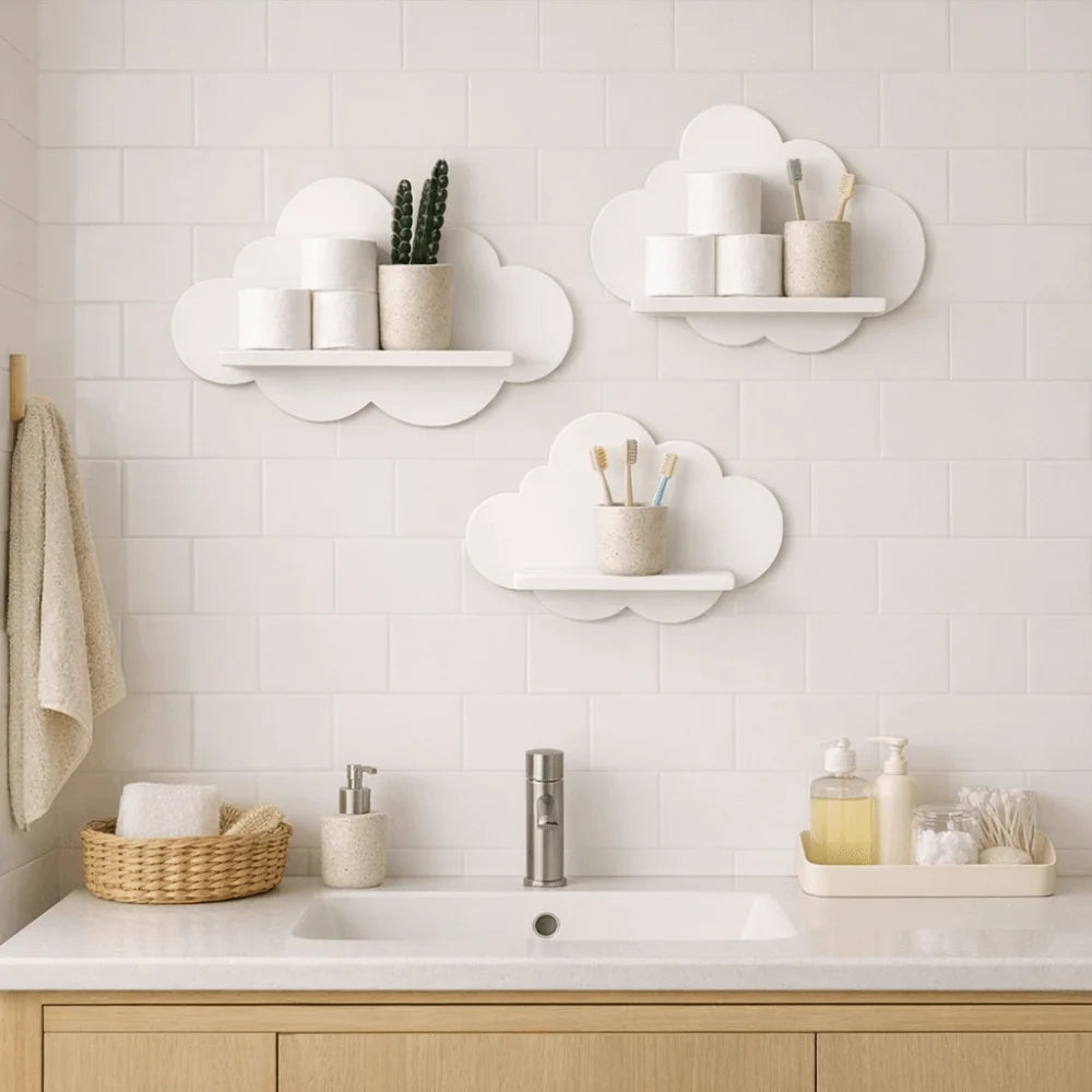White cloud wall shelves above a bathroom sink holding toiletries and toilet paper