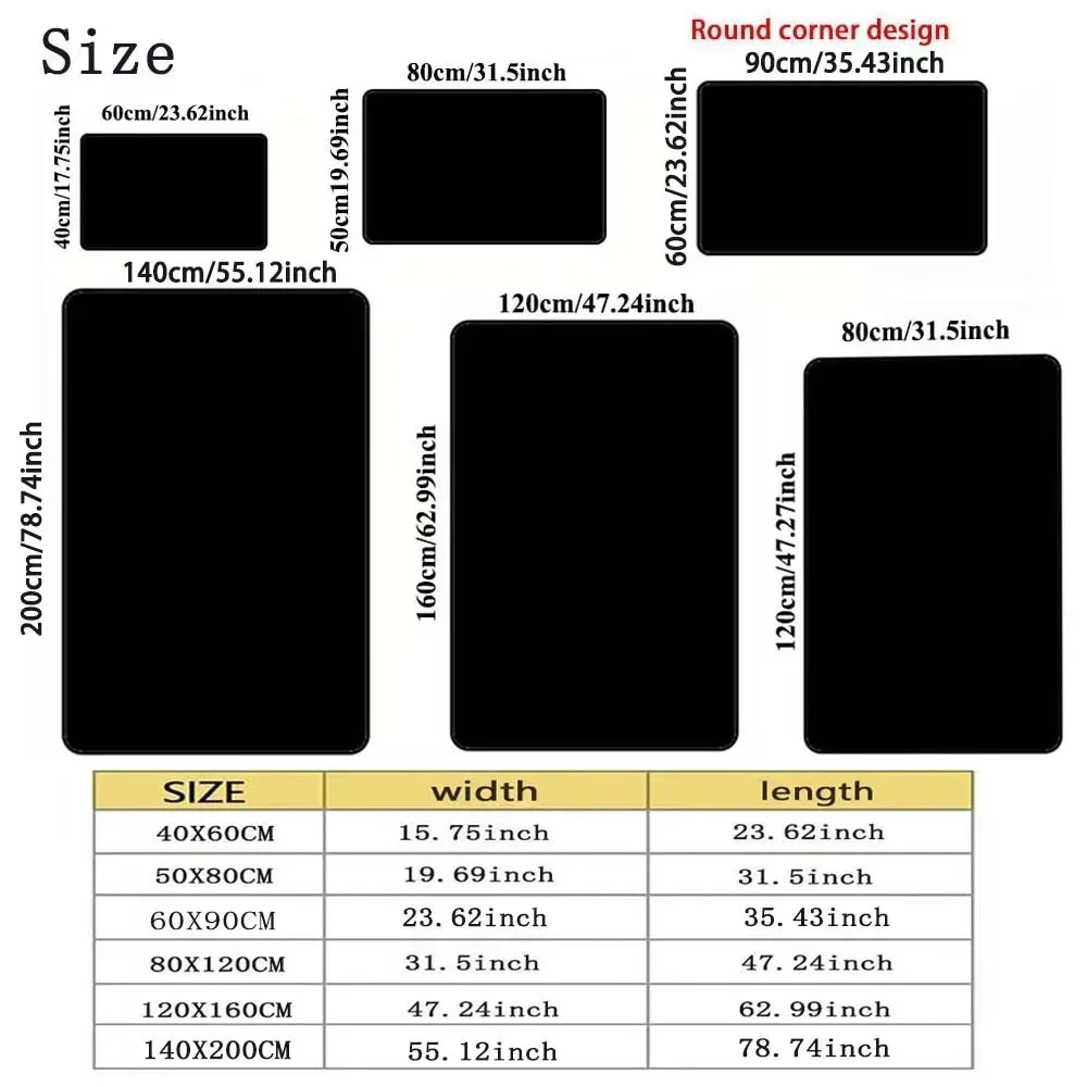 Rug size guide with dimensions and diagrams for each available rectangle size