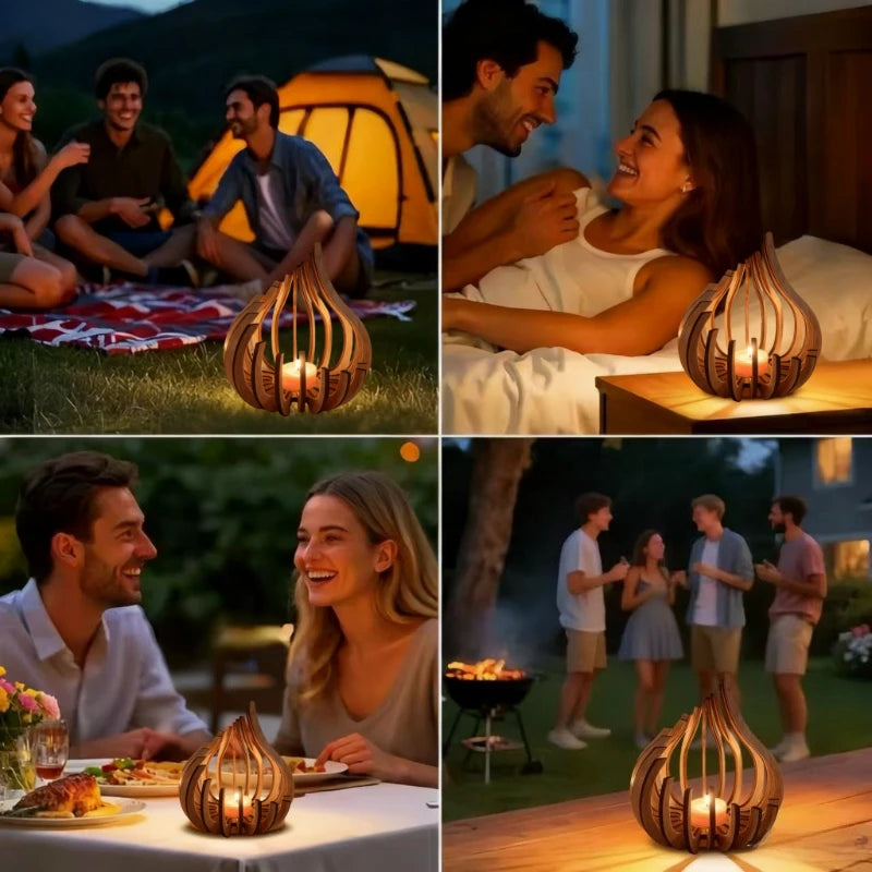 Collage showing wooden flame-shaped candle holders used in various settings: picnic, bedside, dinner table, and outdoor gathering