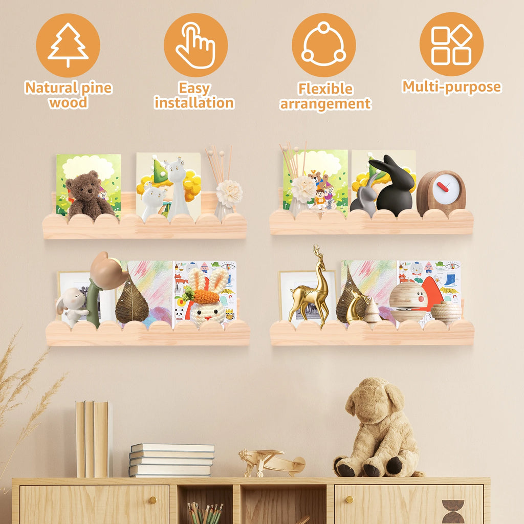 Room scene showing four scalloped wall shelves in kids’ space, styled with toys, art, and whimsical figures