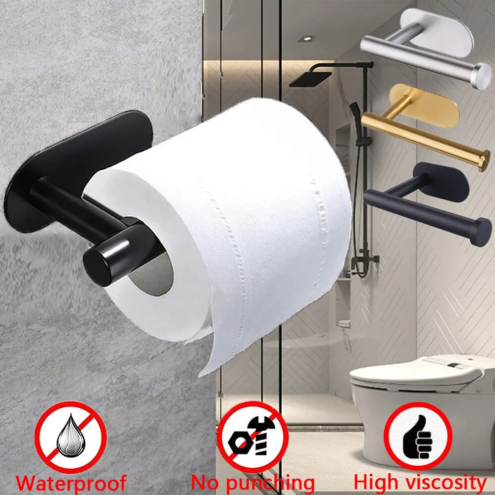 Adhesive stainless steel toilet paper or paper towel holder installed on a wall with product color options shown in a modern bathroom setting