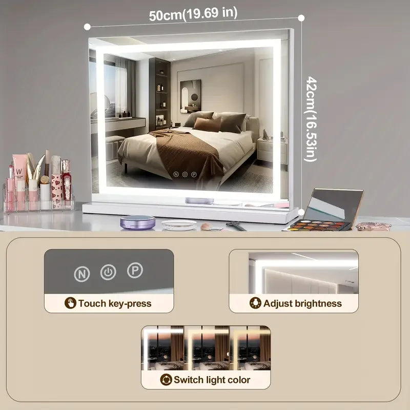 Rectangular LED Tabletop Vanity Mirror with Touch Dimming, White