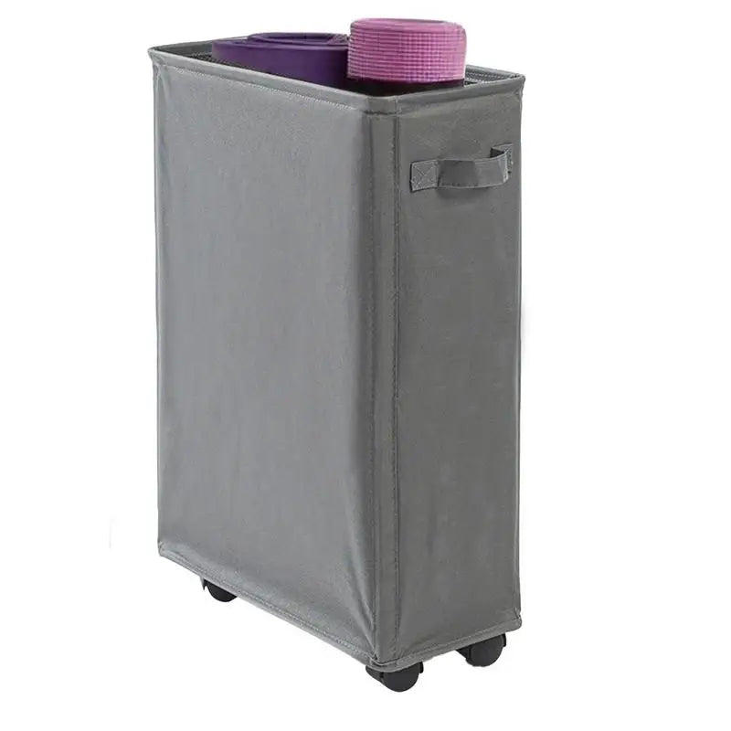Slim gray rolling laundry hamper with yoga mats inside, handle and wheels shown