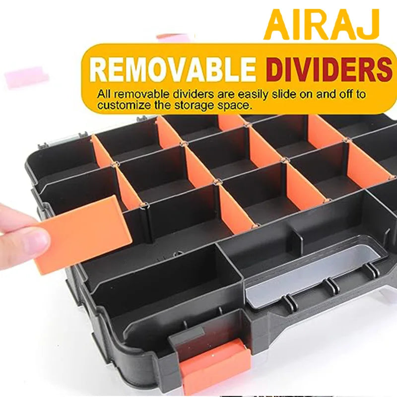 Hand removing orange divider from a black plastic organizer with labeled dividers