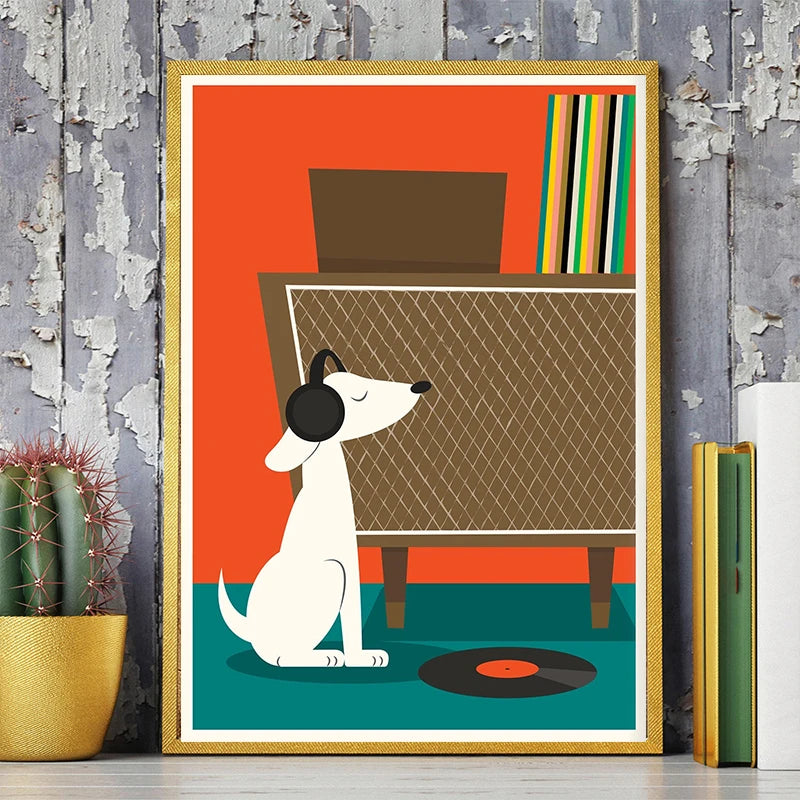 Mid-century inspired dog and record player canvas art print with orange background, shown framed beside a plant and decor