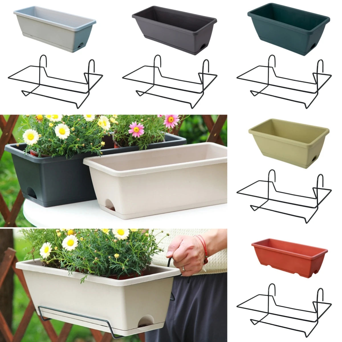 Assorted rectangular railing planters with black hanging racks in various colors, shown with and without plants in a garden setting
