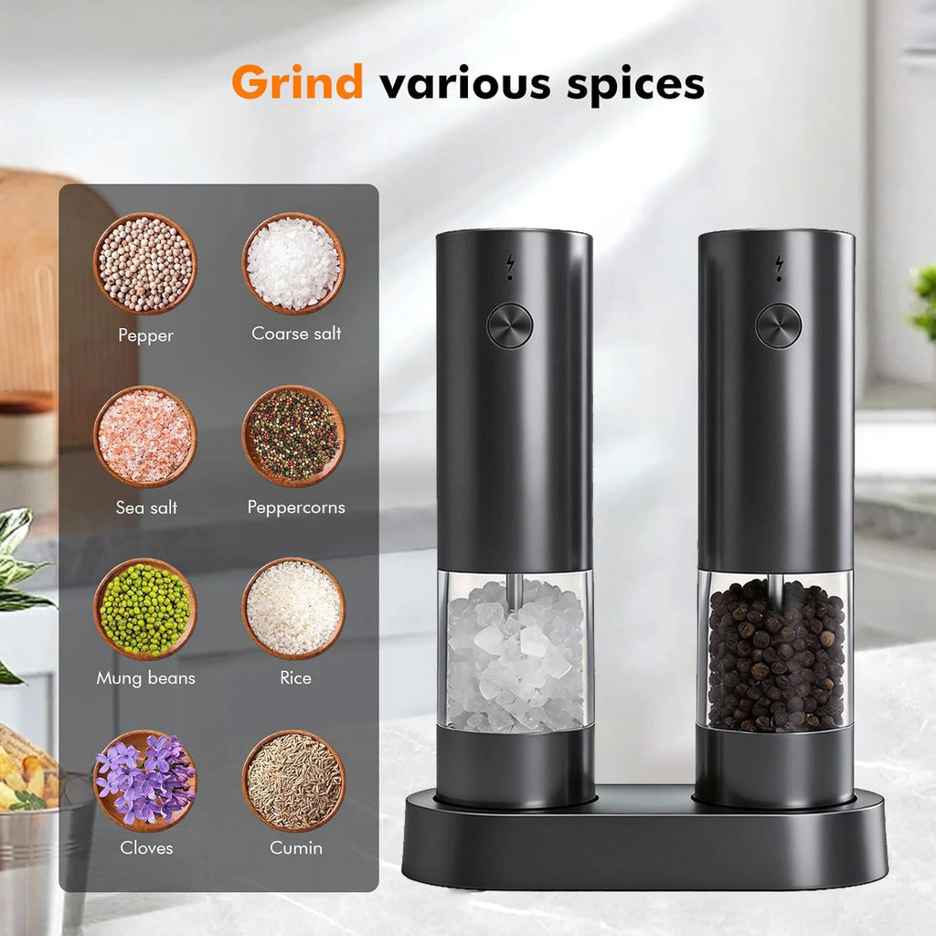 USB Rechargeable Electric Salt and Pepper Grinder Set with Adjustable Coarseness and Storage Base for Kitchen Counters