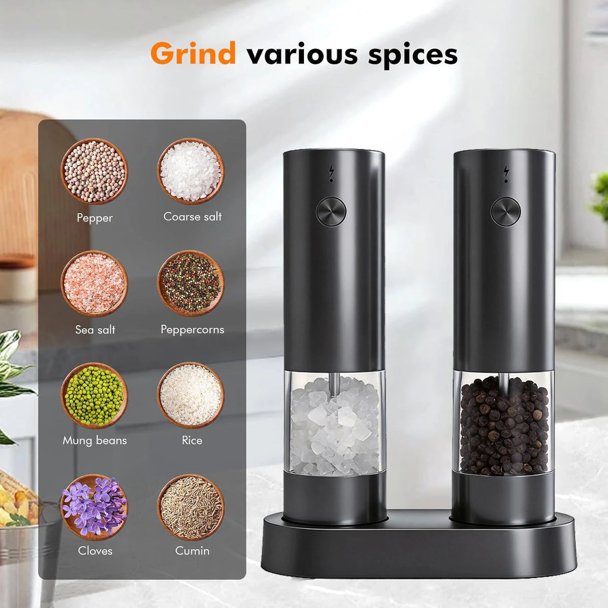 USB Rechargeable Electric Salt and Pepper Grinder Set with Adjustable Coarseness and Storage Base for Kitchen Counters