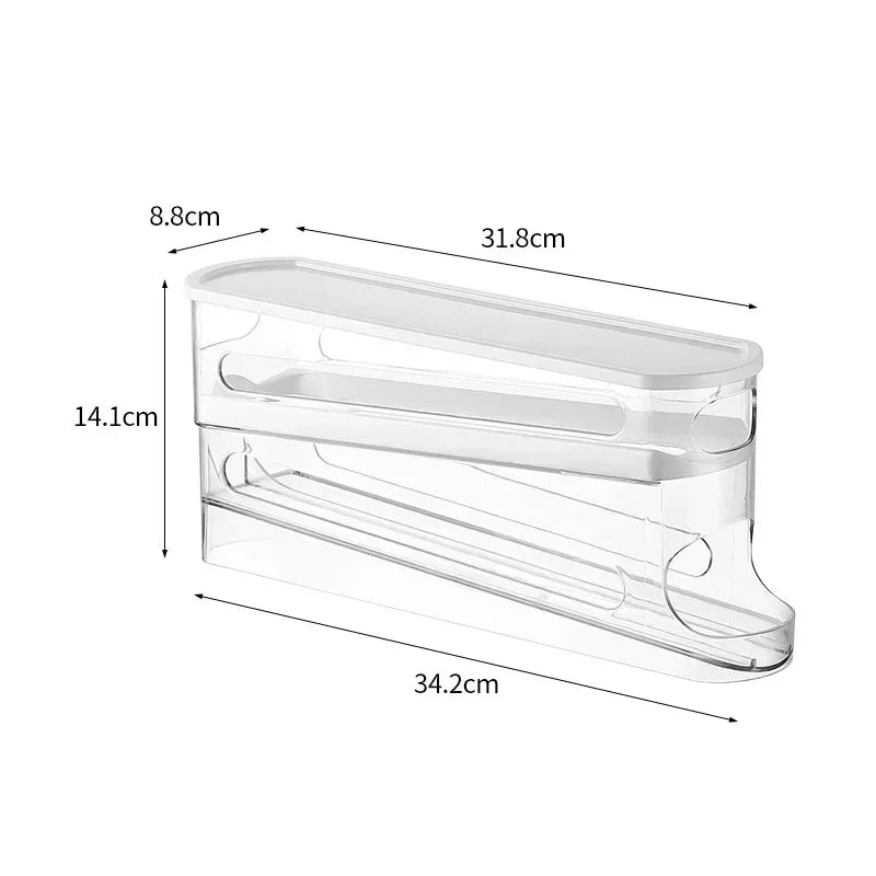 Egg organizer with labeled dimensions in centimeters, showing length, width, and height
