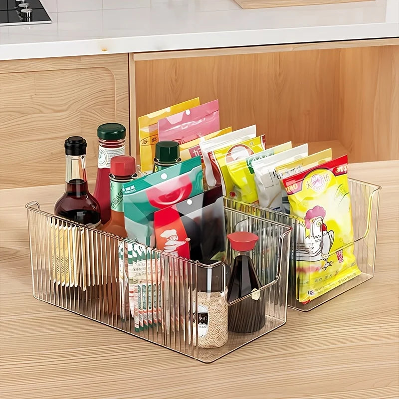 Clear Ribbed Kitchen Pantry Organizer Bin with Adjustable Dividers