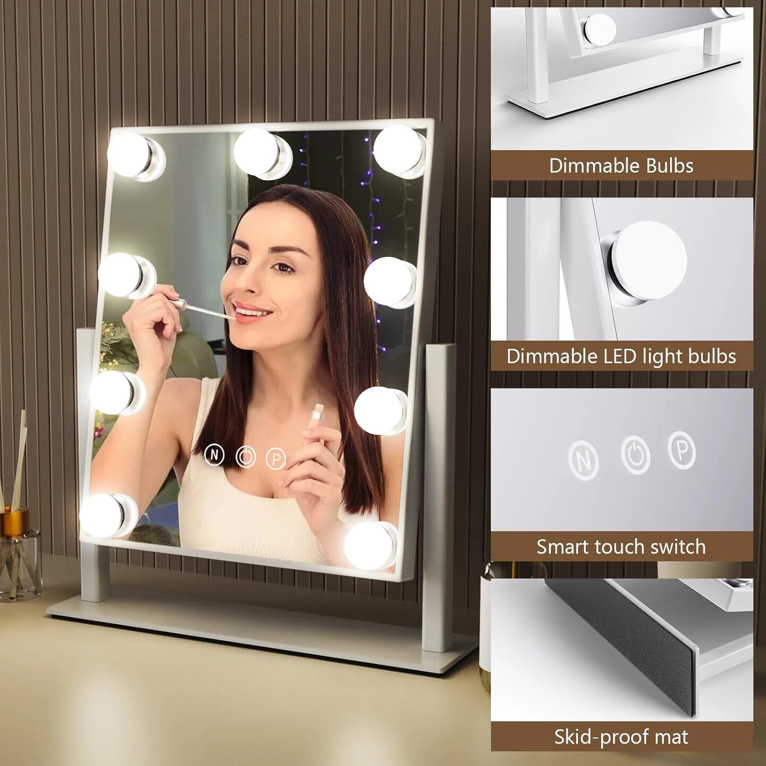 makeup mirror with LED bulbs, touch controls, and close-up product features