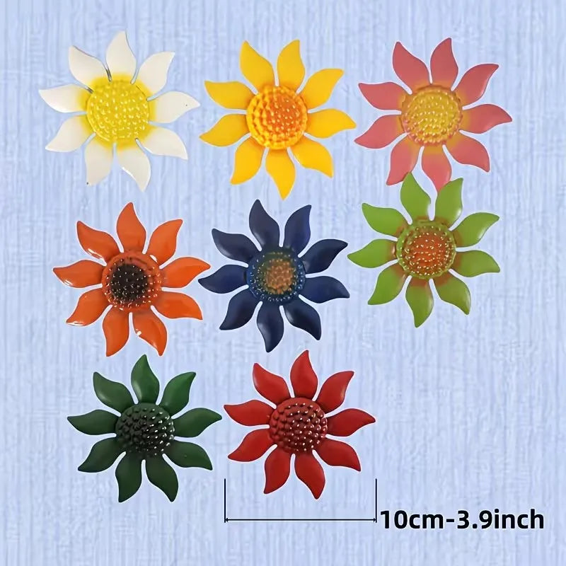 Eight metal flower wall decorations displayed with 10cm measurement