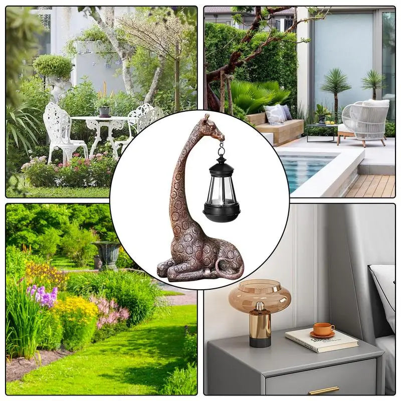 Bronze Giraffe Solar Light Lantern Sculpture for Garden & Patio Decor, Resin Animal Statue with Warm White Glow