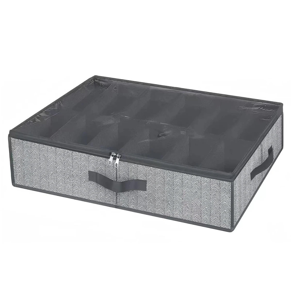 Under bed shoe storage organizer with herringbone pattern, clear zippered lid and divided compartments