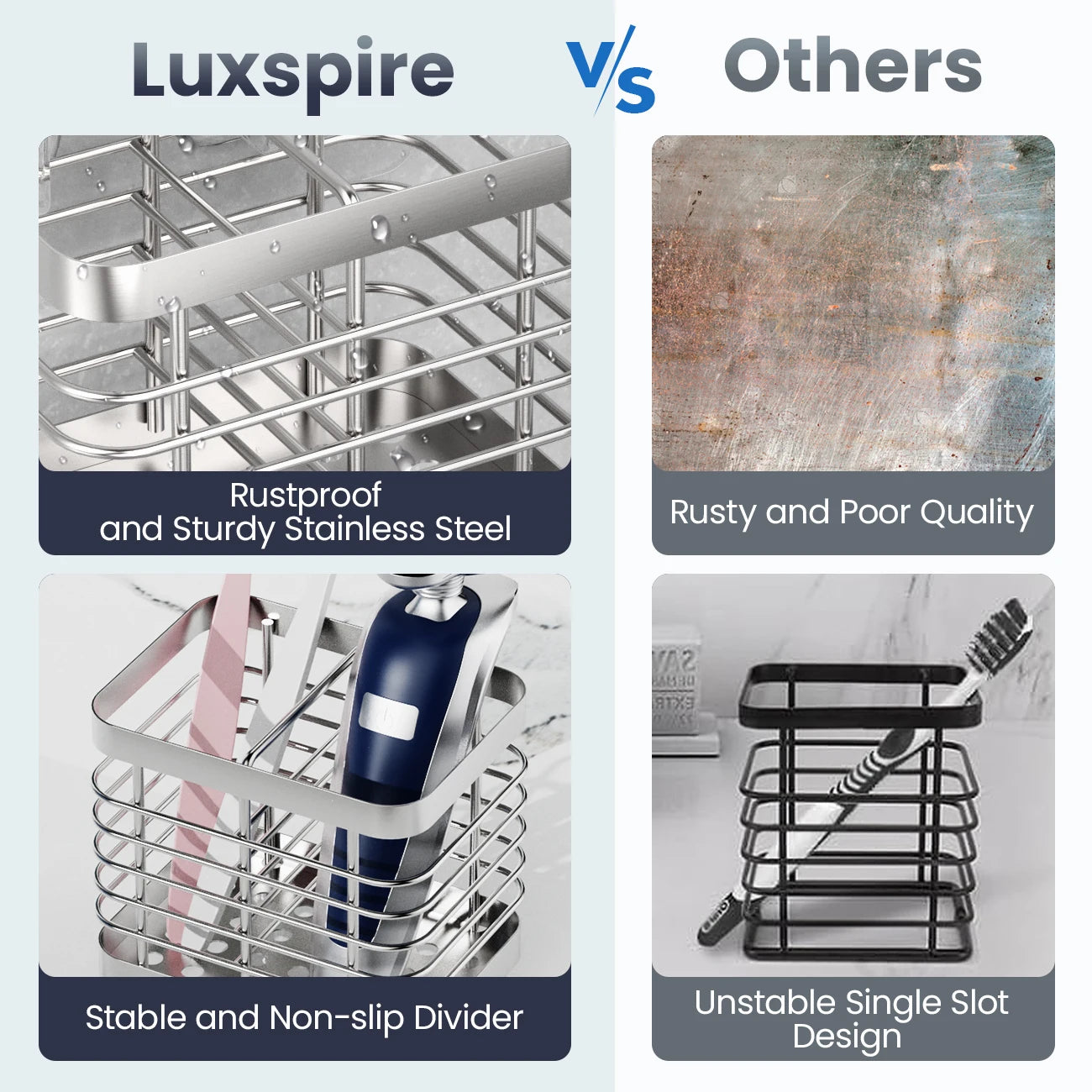 Details of stainless steel toothbrush holder compared to other holders, emphasizing rust-resistant metal and stable divider