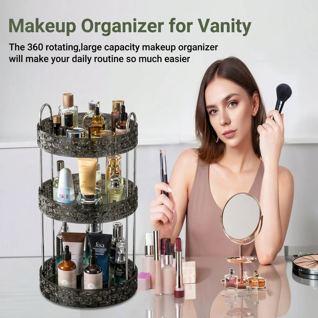 Three-tier clear black rotating makeup organizer on vanity table with cosmetics and mirror