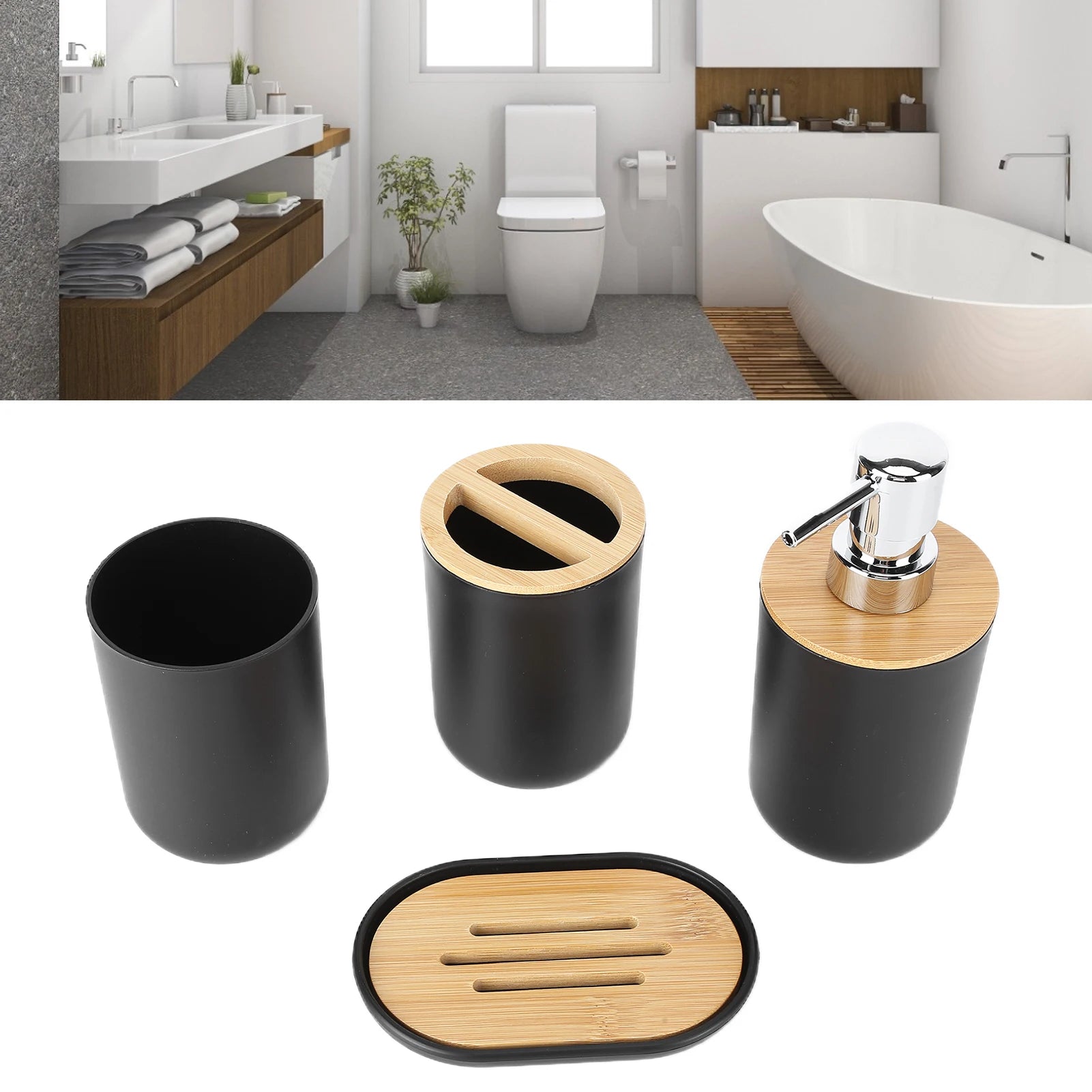 Bamboo & Plastic 4-Piece Bathroom Countertop Set