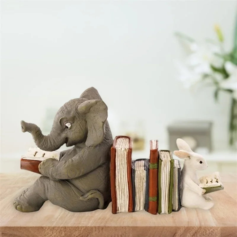Animal friends reading bookend on a tabletop in a cozy home
