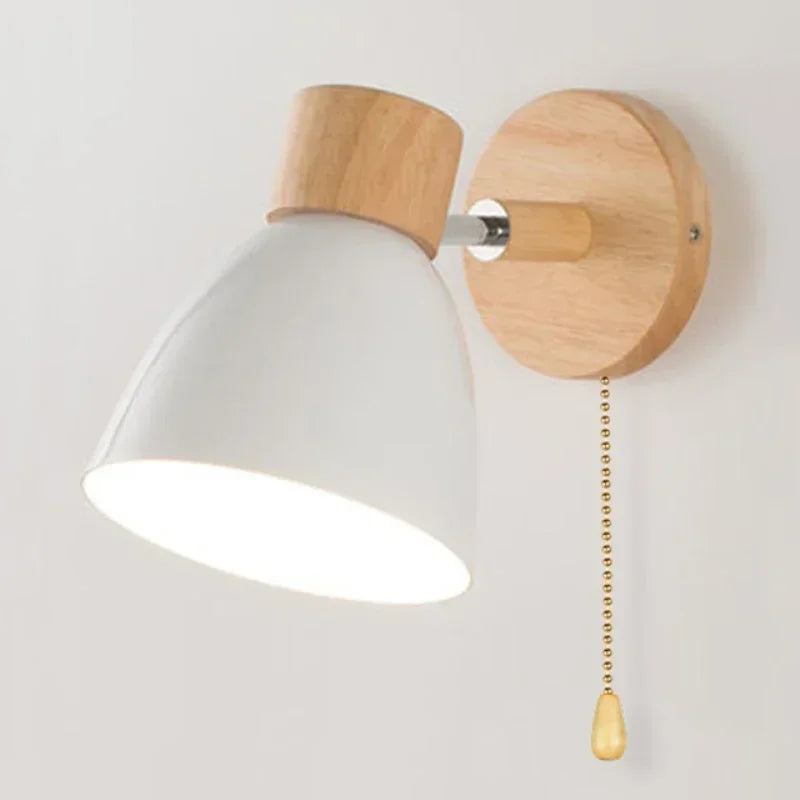 Arden Nordic Wall Sconce with Painted Iron Shade & Wood Base for Bedroom, Living Room, or Study