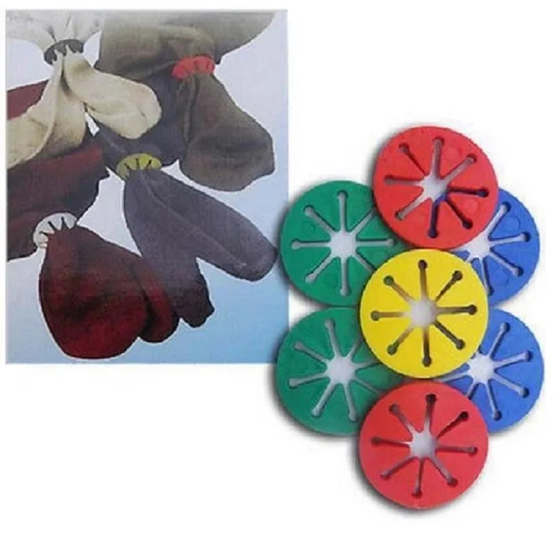 Group of multicolored sock holder clips next to a photo showing paired socks clipped together