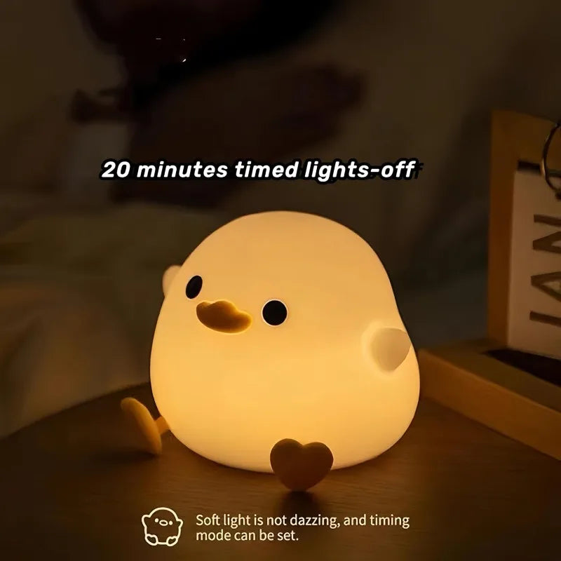 Duck night light on nightstand with 20-minute timer feature