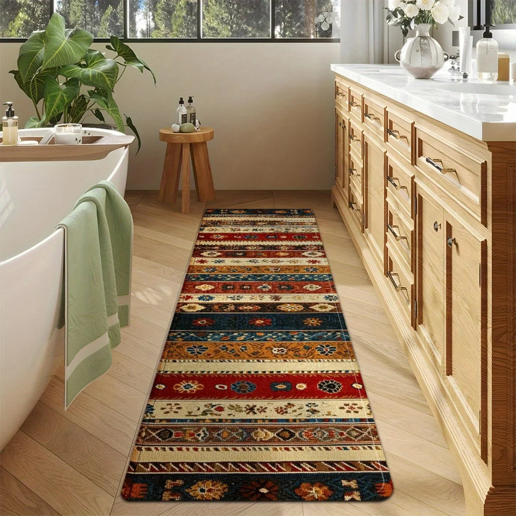 Floral bohemian long runner rug beside a bathtub in a bright bathroom