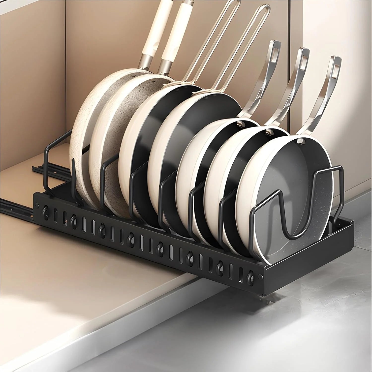 Pull-Out Pots and Pans Organizer with Adjustable Dividers