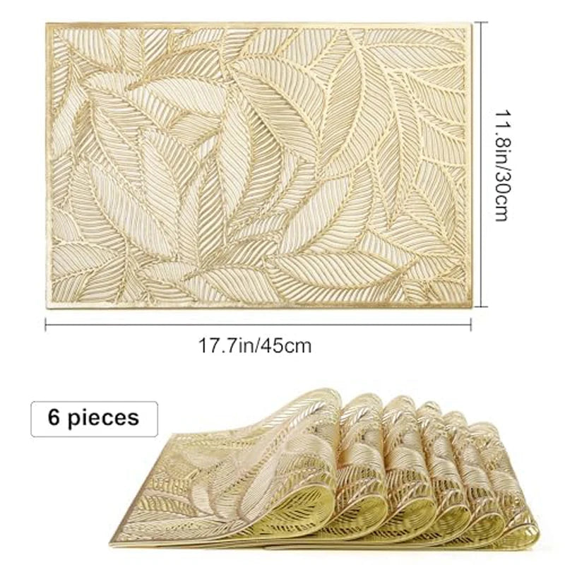 Gold leaf pattern placemat shown flat with dimensions and a set of 6 pieces displayed