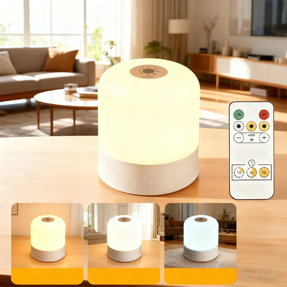 LED night light on a living room table with remote control and dimmable settings
