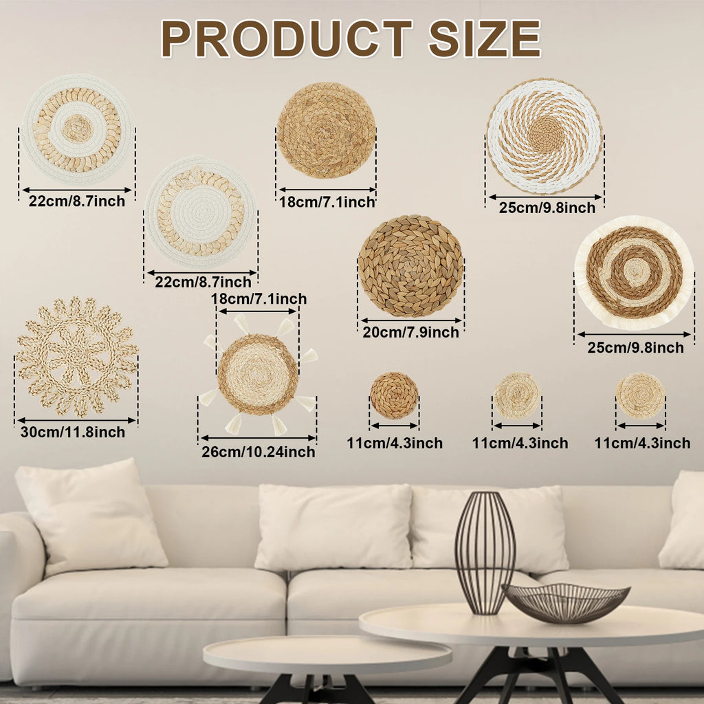 11-Piece Woven Wall Basket Decor Set – Natural Rattan Style for Living Room or Bedroom