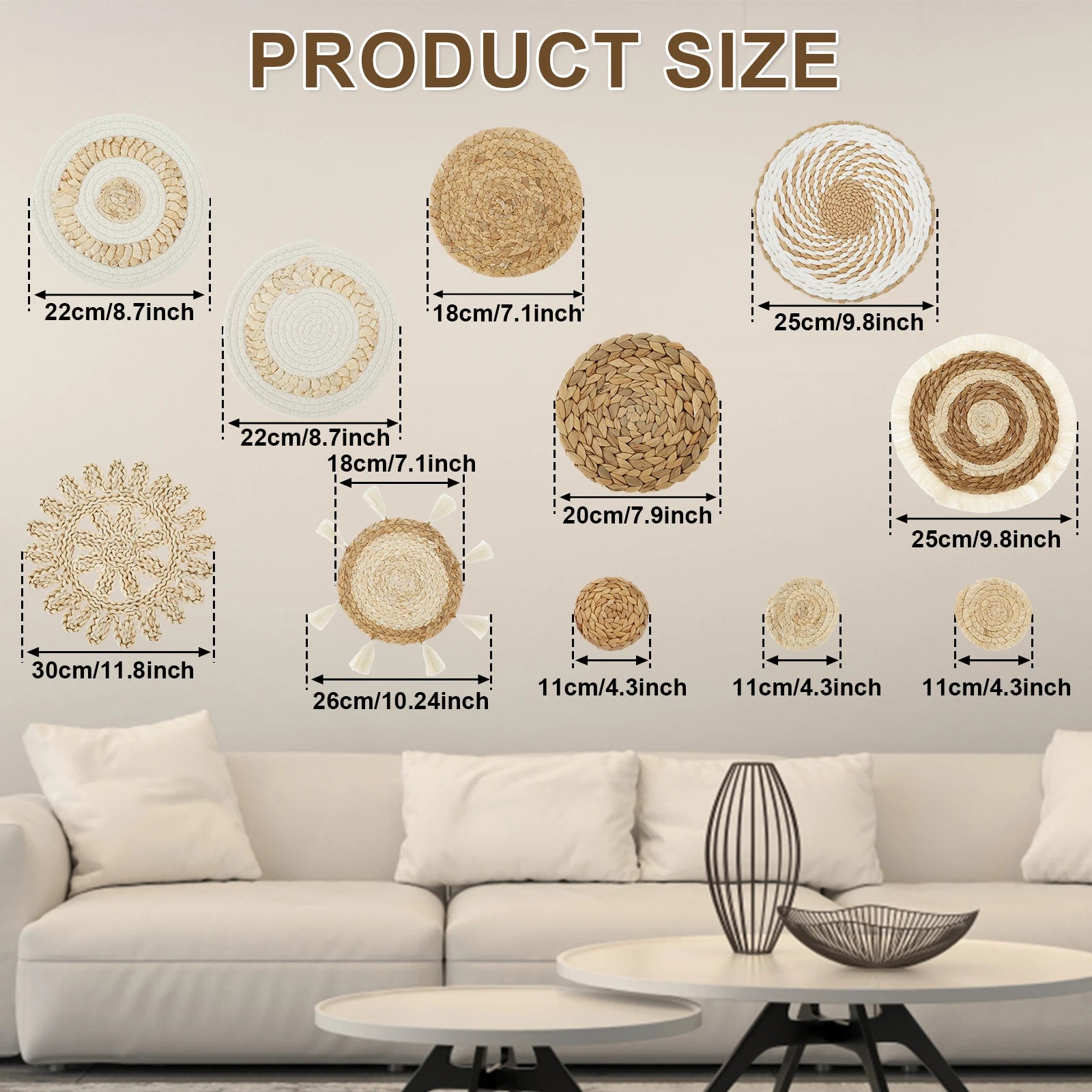 11-Piece Woven Wall Basket Decor Set – Natural Rattan Style for Living Room or Bedroom