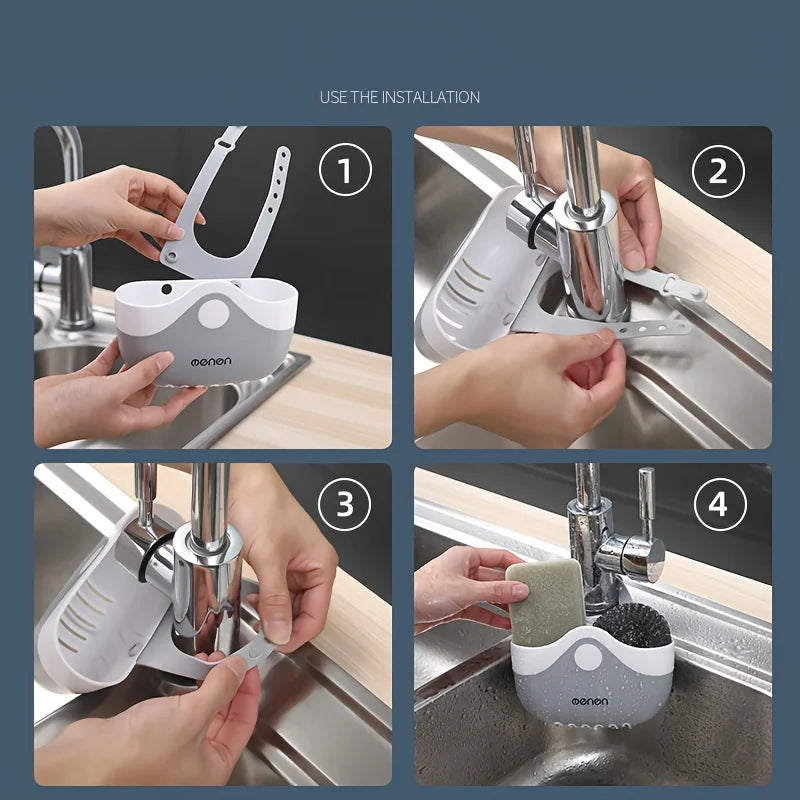 Step-by-step installation instructions for a gray sink caddy basket being attached to a kitchen faucet