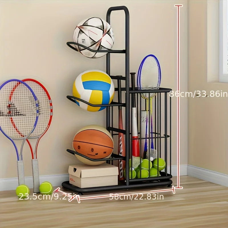 Black iron mesh ball storage rack with sports equipment and size dimensions for garage or mudroom