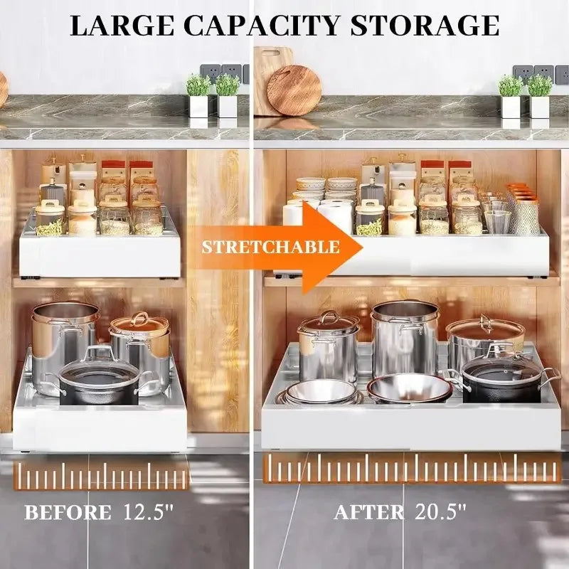 Expandable cabinet organizer rack showing before and after stretch to fit more pots and pantry goods