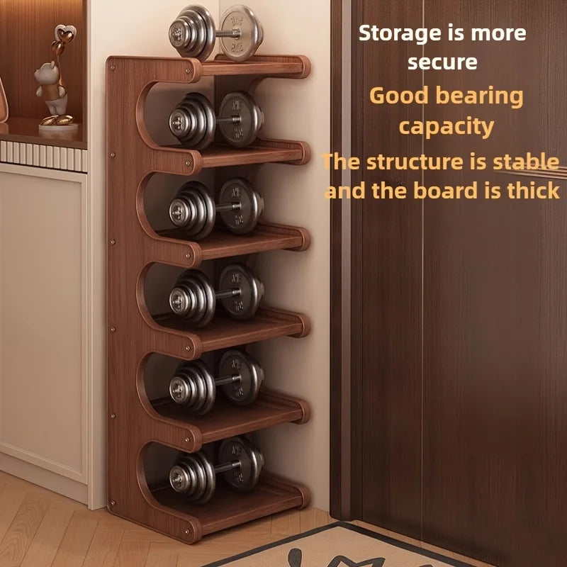 Bamboo-style shoe rack shown holding weights to illustrate sturdy shelves